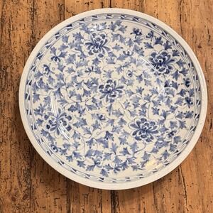 Large Blue & White Hand Painted Portuguese Pottery Bowl 15.5" Floral Delft Style